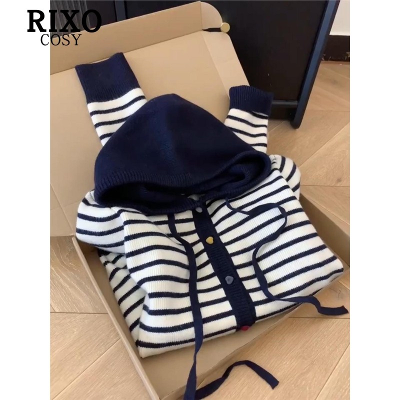 RIXO COSY慵懒风条纹撞色长袖针织开衫女秋季款时尚宽松毛衣外套