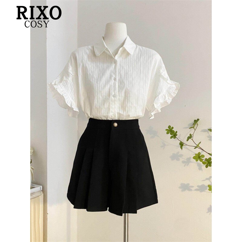 RIXO COSY白色喇叭袖衬衫女夏季小众宽松气质减龄短袖套装女上衣