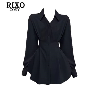 RIXO COSY秋季设计感小众别致漂亮黑色收腰上衣遮肉显瘦长袖衬衫