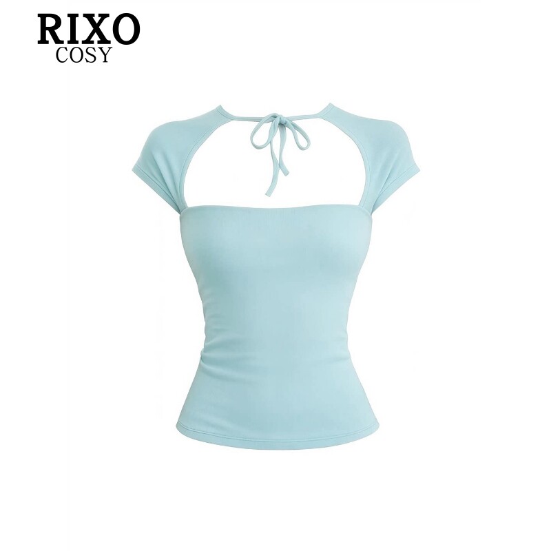 RIXO COSY纯欲辣妹风设计感镂空短袖T恤女秋季修身显瘦小飞袖上衣
