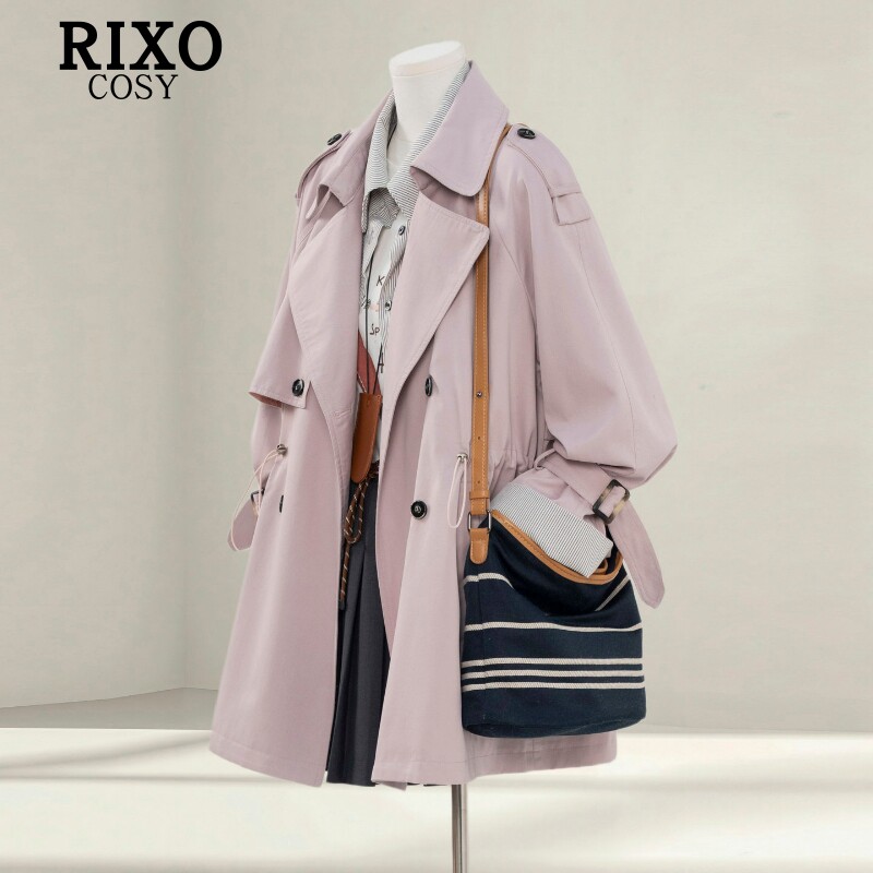 RIXO COSY设计感假两件条纹拼接风衣女秋季小个子双排扣宽松大衣