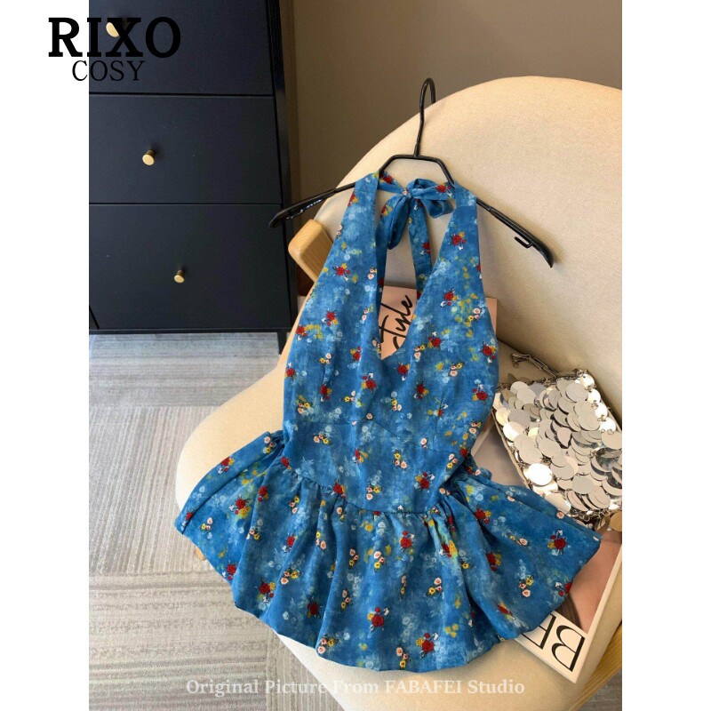 RIXO COSY收腰无袖风蓝色碎花挂脖背心女夏季多巴胺扎染吊带上衣