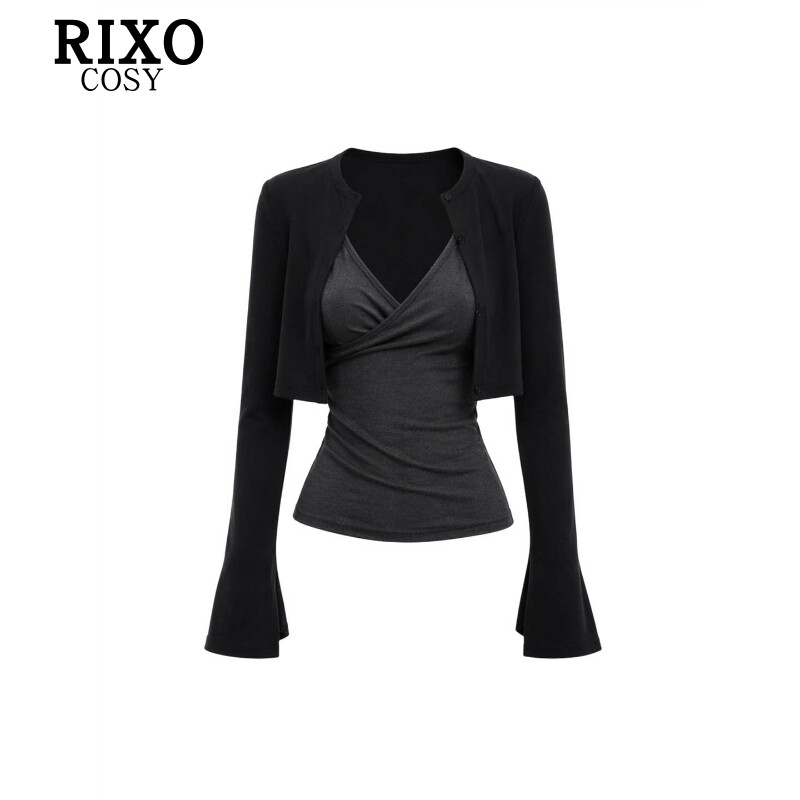RIXO COSY辣妹风设计感喇叭袖开衫女秋季收腰显瘦V领吊带背心套装
