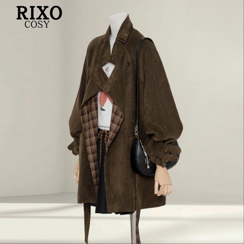 RIXO COSY复古格子拼接风衣外套女中长款秋季高级感宽松气质大衣
