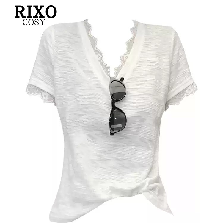 RIXO COSY韩系简约V领蕾丝边短袖T恤女夏宽松显瘦薄款肌理感上衣