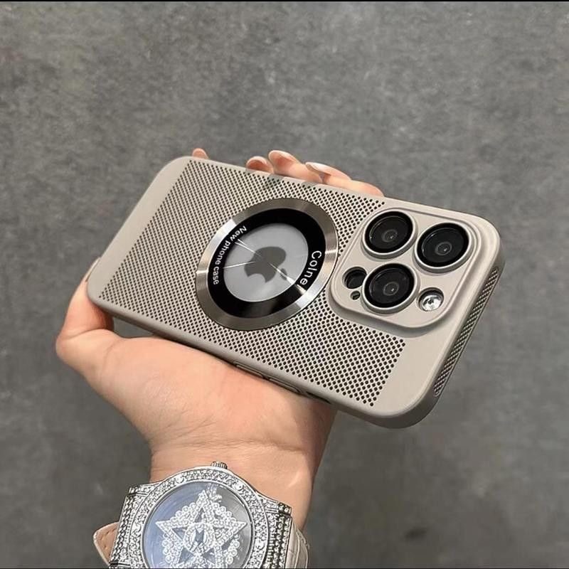 镂空网孔透气散热壳适用苹果15promax手机壳iphone14磁吸漏标保护套13高级亚克力硬壳12带镜头膜11pm简约纯色