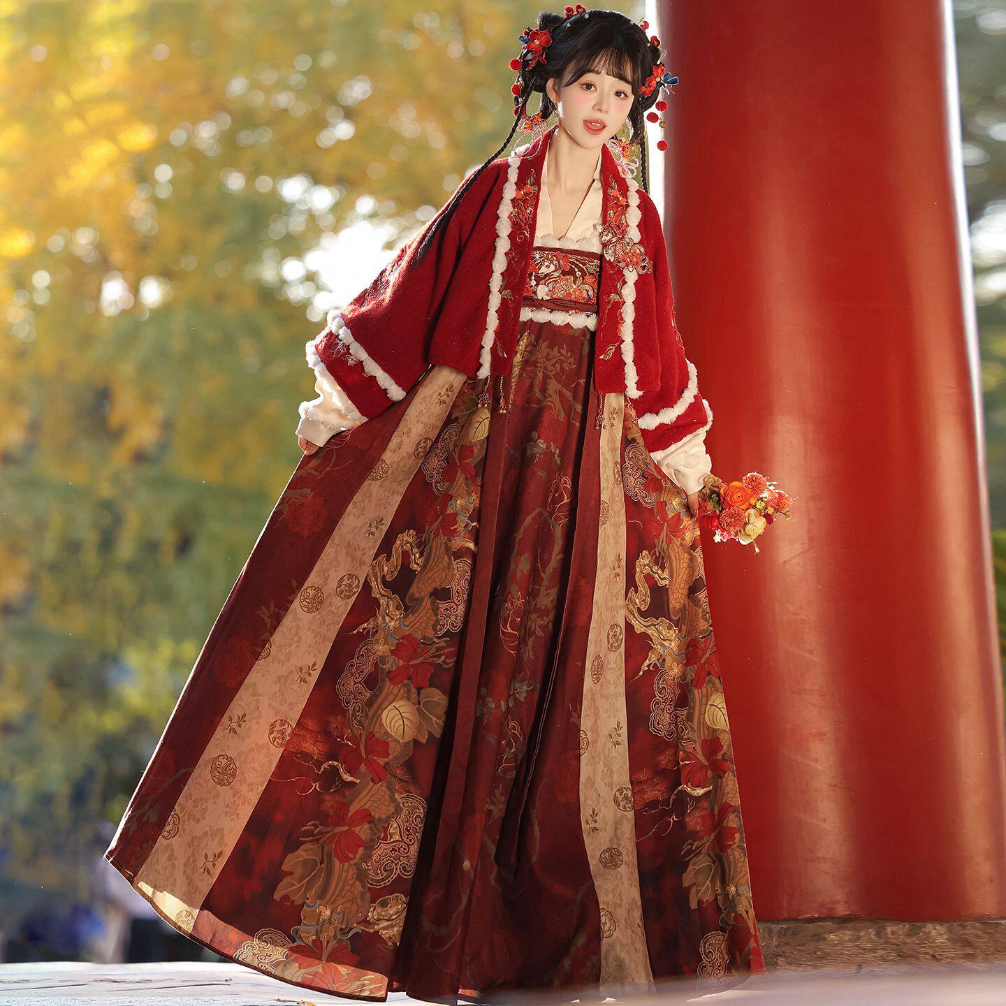 云麓集原创新款唐制汉服女改良齐胸襦裙日常秋冬加绒短袄套装