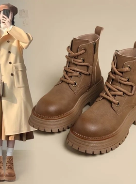 厚底增高马丁靴2024秋季新款复古短筒工装靴女显瘦大黄靴