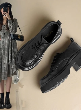英伦风厚底乐福鞋2024秋季新款复古松糕底深口系带多色单鞋女