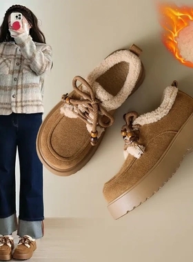 羊京绒防寒英伦单鞋女2025冬季新款加绒超软勃肯鞋ins棉鞋
