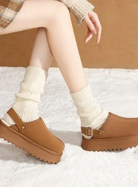 加绒厚底雪地靴防滑女鞋冬季新款勃肯半拖包头百搭棉拖鞋