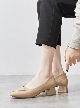 女鞋2023春季新款粗跟透气玛丽珍鞋浅口中跟方头一脚蹬单鞋