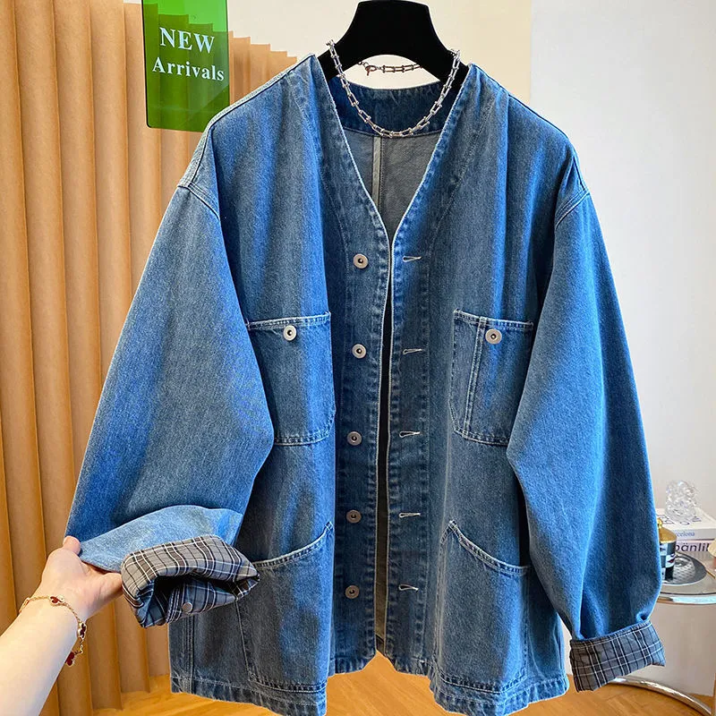 韩国高级感v领牛仔外套女春秋2025新款宽松休闲oversize牛仔上衣
