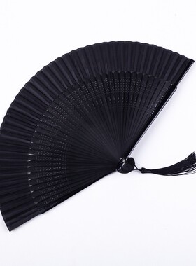 折扇汉服中国古风扇子蕾丝舞蹈纯黑色全竹骨扇洛丽塔女不良jk蹦迪
