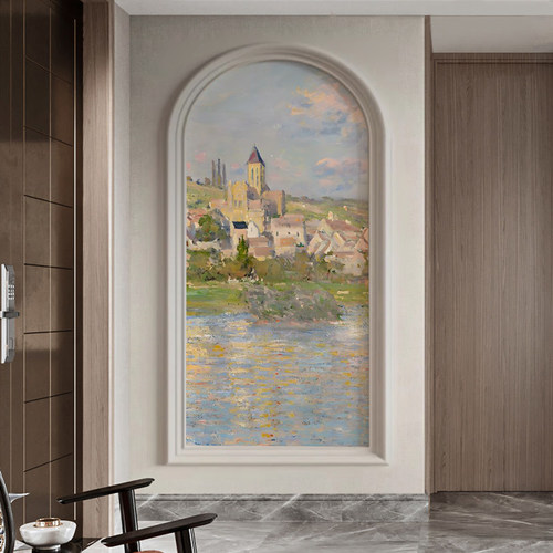 现代法式入户玄关装饰画轻奢竖版拱形走廊过道莫奈风景壁画8d壁纸