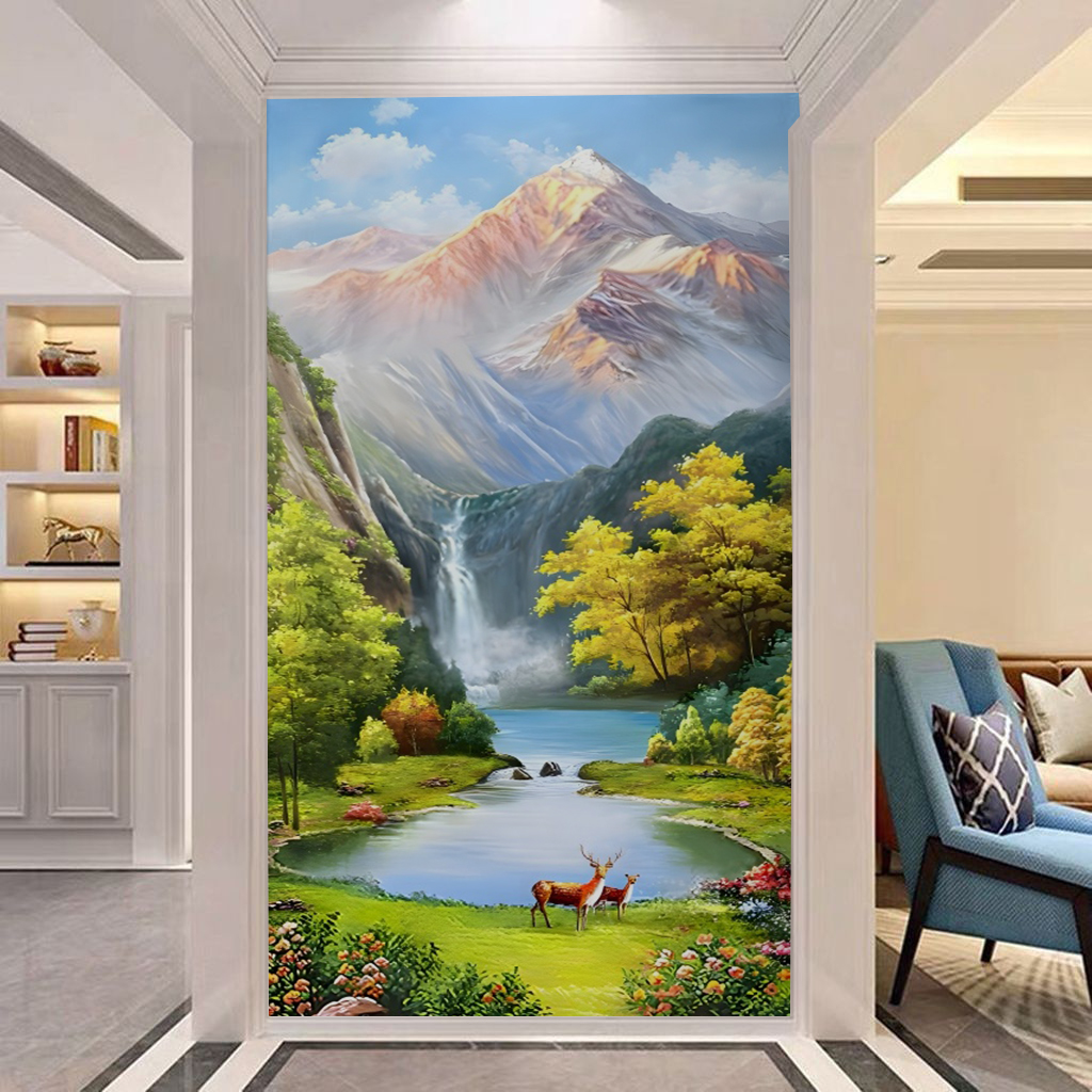 高山流水聚宝盆小鹿手绘油画欧式玄关装饰画客厅竖版山水风景壁画图片