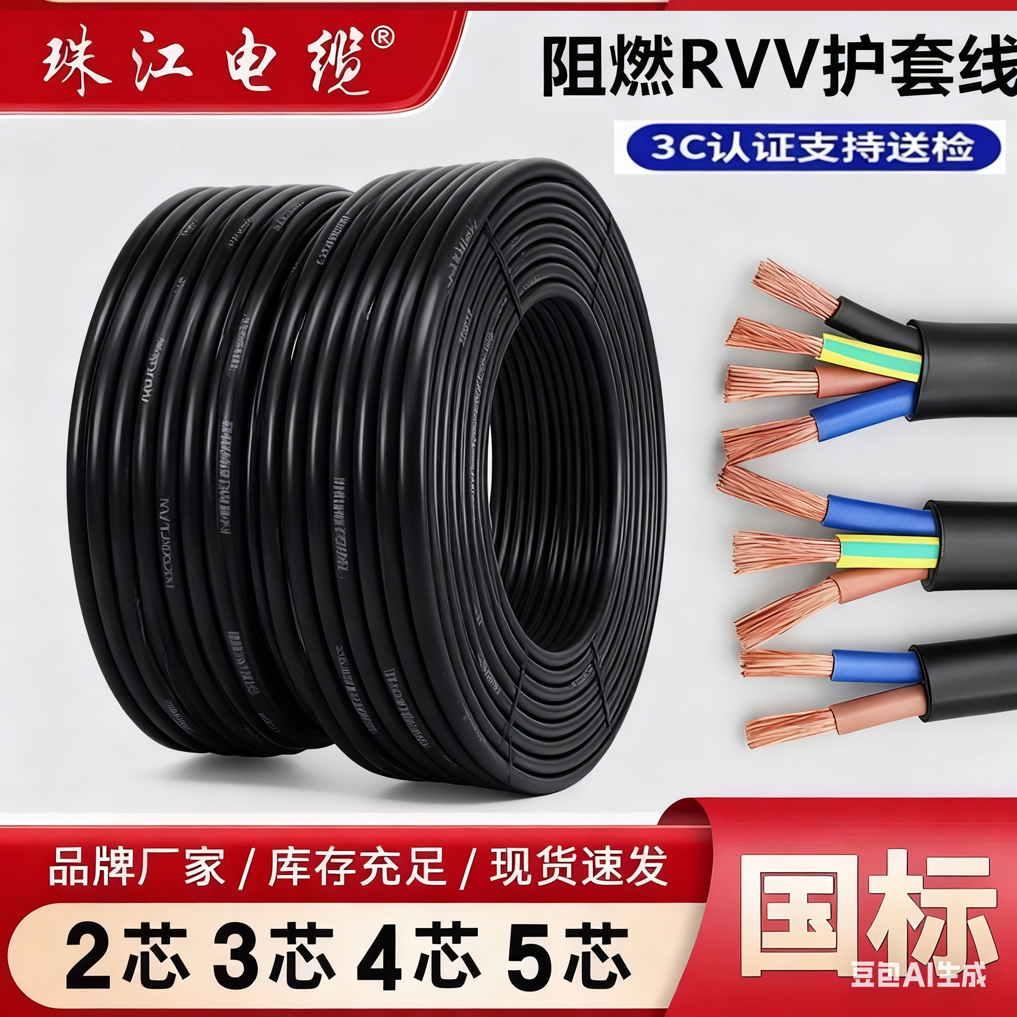 珠江国标纯铜软电缆防冻2345芯1/1.5/2.5/4/6电源线延长护套线
