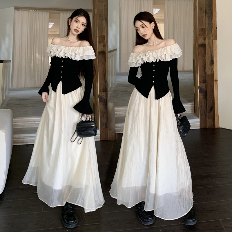 双层荷叶喇叭袖针织衫一字肩上衣