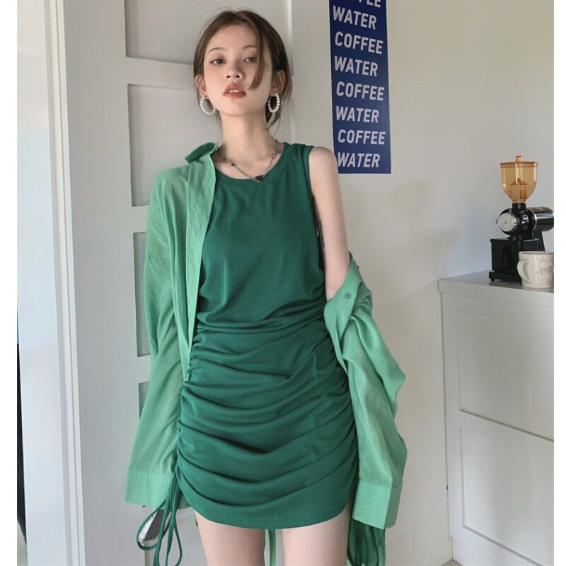 大码微胖mm设计感气质两件套装女辣妹抽绳修身连衣裙长袖防晒衬衫