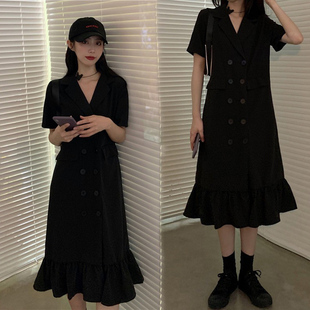 领小黑裙 大码 微胖mm高级感连衣裙女夏季 2025新款 赫本风双排扣西装