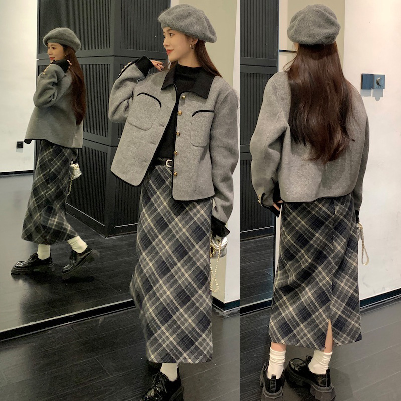 灰色双面呢羊绒大衣小香风外套