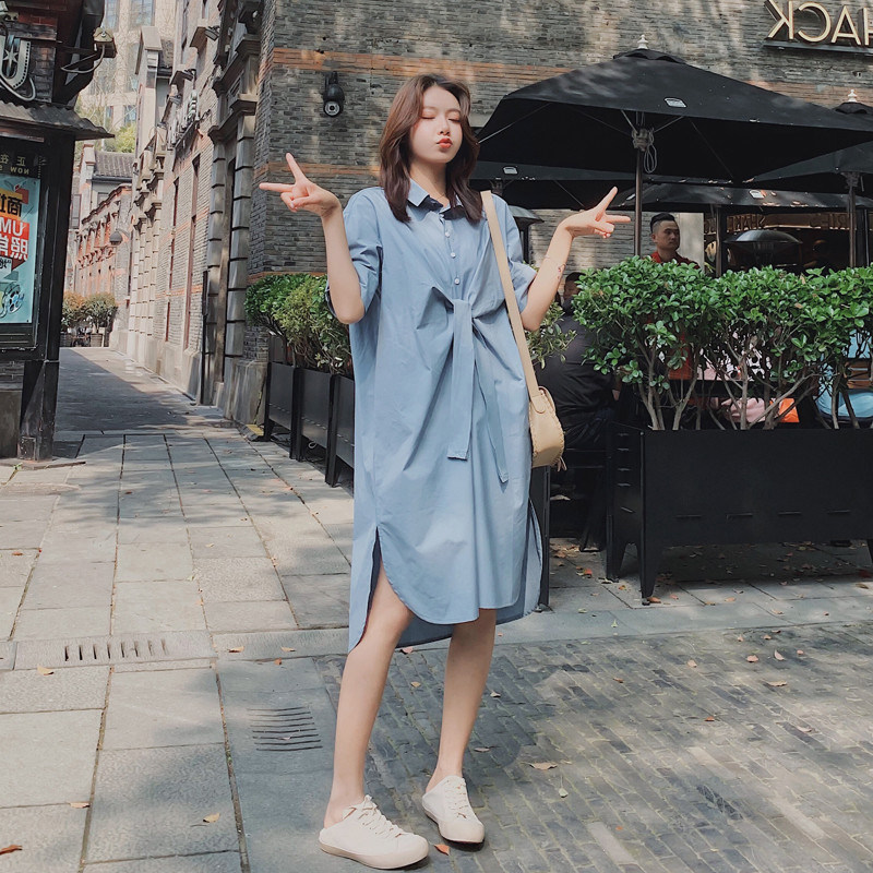 大码微胖mm穿搭夏装遮肚显瘦衬衫裙子减龄宽松遮肉不规则连衣裙女