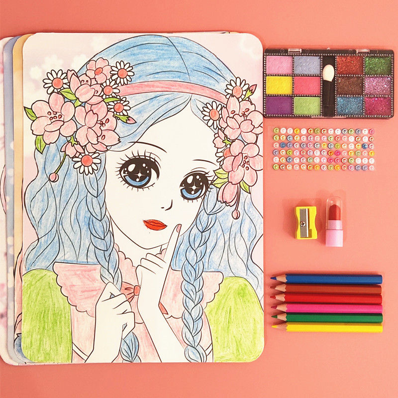 儿童妆手无画彩水彩画女孩套装玩化具公主妆涂色幼儿工diy填色涂