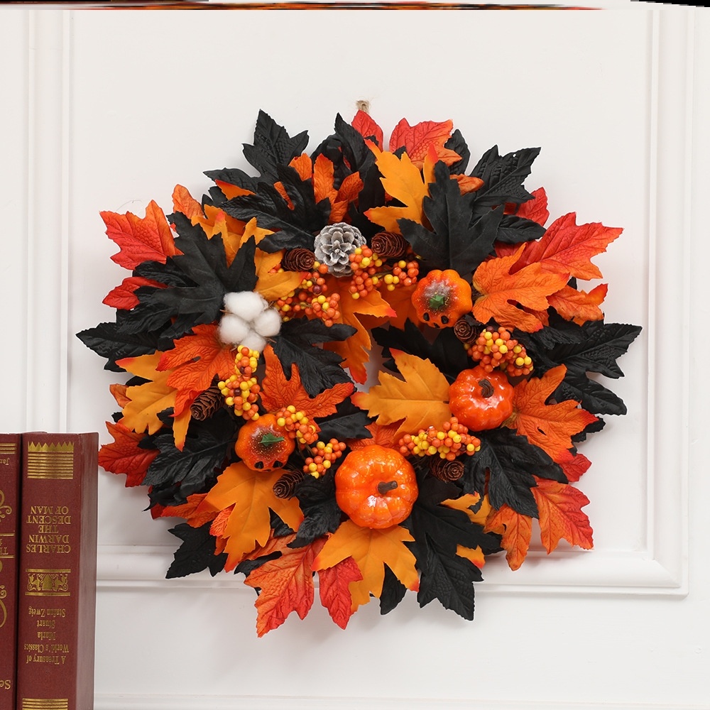 跨境万圣节花环40cm丰收节南瓜枫叶藤圈感恩节装饰门挂欧式风格
