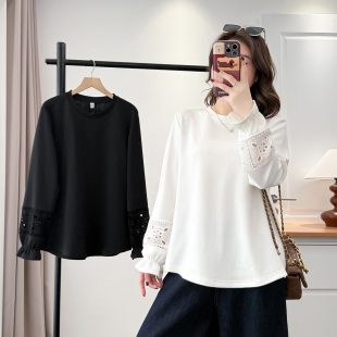 女装 气质休闲袖 胖mm200斤春季 长袖 口拼接T恤上衣 新款 加肥加大码