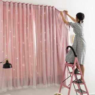 出租屋粉色窗帘女孩房间免打孔双层带纱简易纱帘一体遮光阳经济型