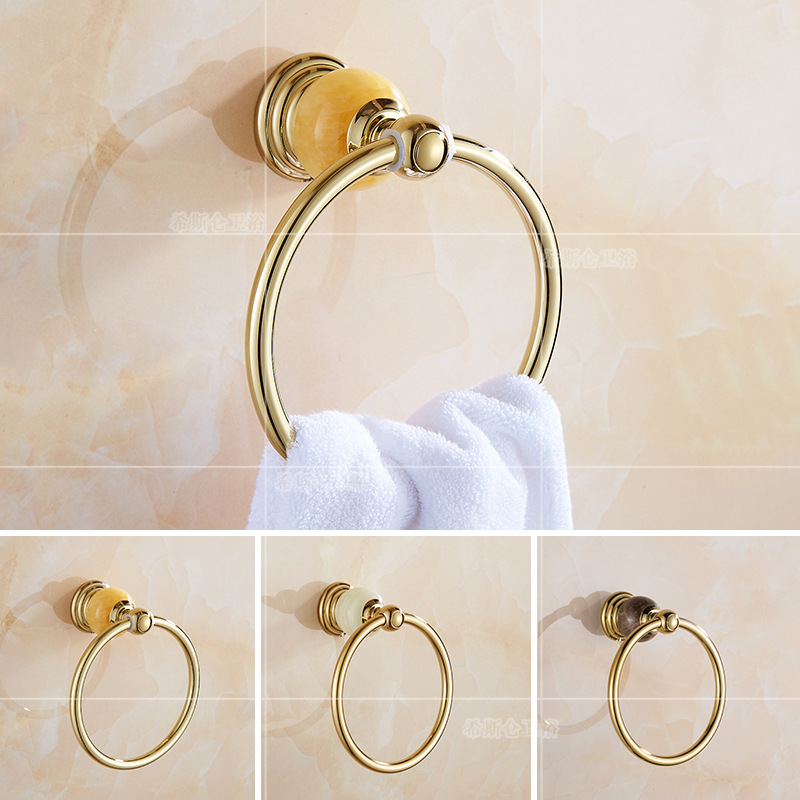 新款浴室免打孔金色不锈钢毛巾环欧式仿古玉石毛巾挂环圆环