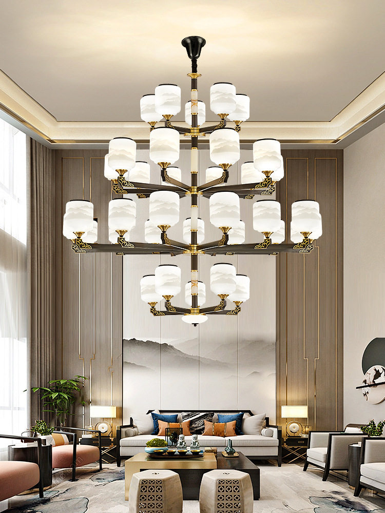 全铜玉石新中式大吊灯复式楼别墅客厅灯奢华大气中空楼梯间长吊灯