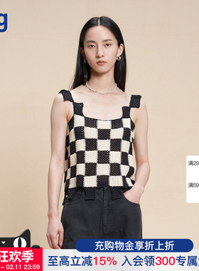 【WHM】hug 2025秋冬新款黑白色打底衫格纹提花针织背心