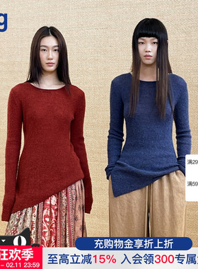 【INTO THE EAST】hug红色羊毛混纺上衣不对称打底毛衣针织衫