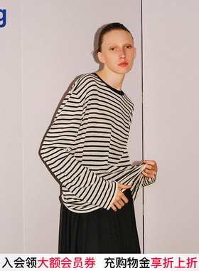 【INTO THE EAST】hug 新黑白条纹长袖针织T恤上衣