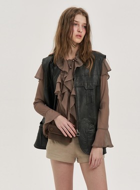 【PANNPANN】hug 2025秋冬新款城市旅人皮革马甲暗墨咖黑色