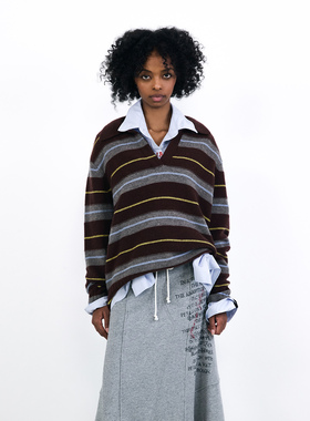 王安宇同款【VVNK JANE PLUS】hug 2025秋冬新款V领条纹Polo衫