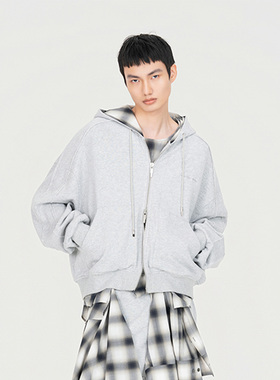 【FengChenWang】hug 2026早春新款灰色格纹二合一拉链帽衫