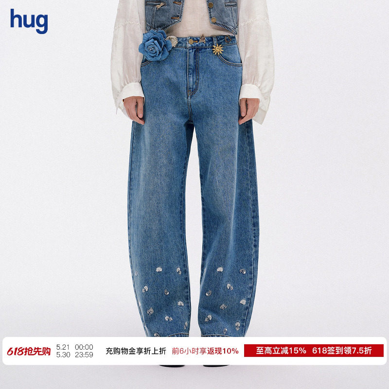 【ICEDUST】hug 2026新小花刺绣弯刀牛仔裤