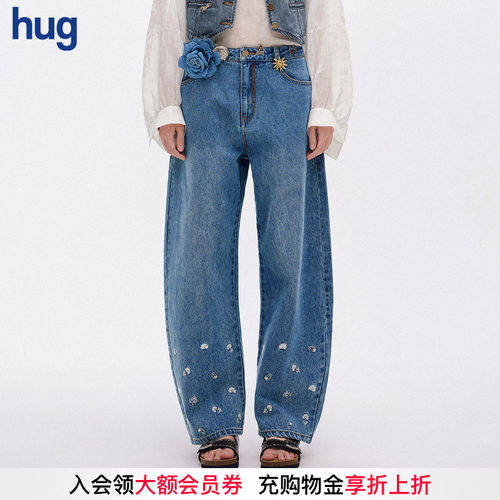 ICEDUST小花刺绣弯刀牛仔裤