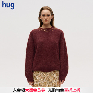 2026早春新款 hug DUST 珠片刺绣套头红色毛衣icedust ICE