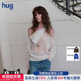 【Cello Sonata】hug 2026春米色棉麻镂空网格针织衫斜肩套头毛衣