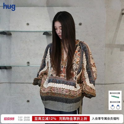 【INTO THE EAST】hug 民族风苎麻定位印花拼接蕾丝衬衫上衣