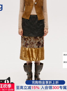 【ICE DUST】hug 2025秋冬新款金丝绒印花拼接皮裙icedust