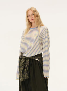 【INTO THE EAST】hug 2026早春新款绿色条纹针织长袖T恤