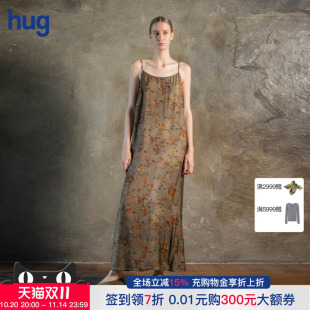 hug WANG 2025复古碎花吊带连衣裙直筒长裙 UMA