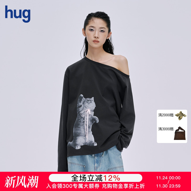 MARKGONG斜开肩小猫印花上衣