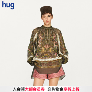EAST THE hug 2025秋冬新款 上衣 复古印花拼蕾丝花边衬衫 INTO