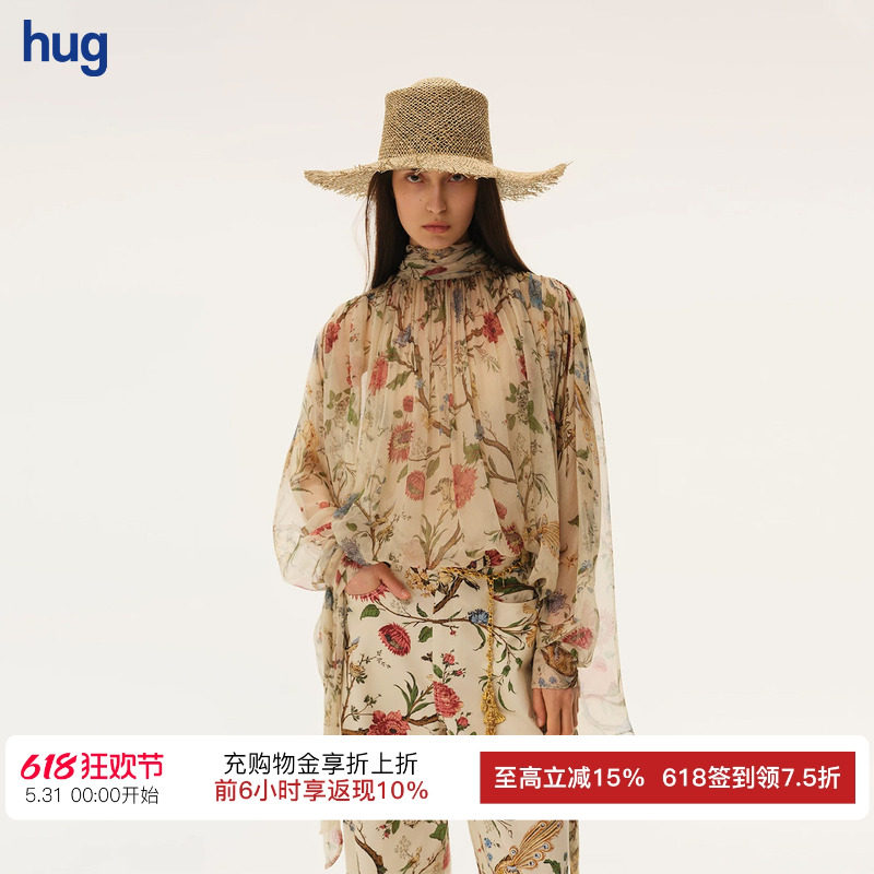 【Into The East】hug 2026夏季新款花鸟树高领蝙蝠袖上衣
