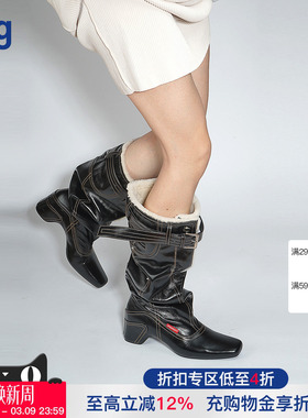 【27QUAI】hug 秋冬猎装系列高筒堆堆靴子女黑色长靴新